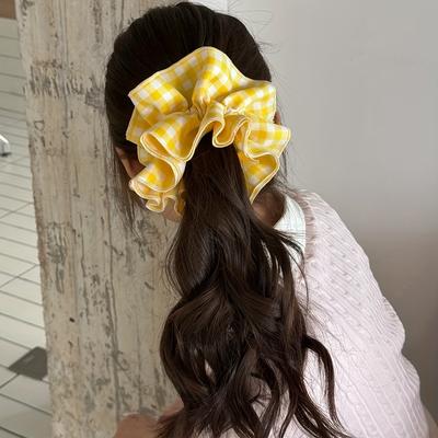 1 Stück Süßes Gelbes Vichy-Karo Doppel-Lagen Scrunchie Haargummi - Großes Elastisches Haaraccessoire für Frauen, Pferdeschwanz Zopf Dutt Hochsteckfrisur, Süße Haaraccessoires