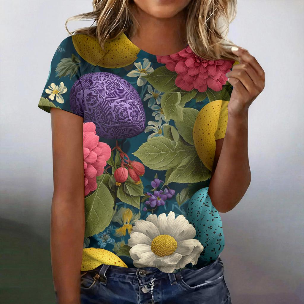 Women's Fashionable Casual Short-Sleeved Raglan Sleeve Easter Print T-Shirt Top