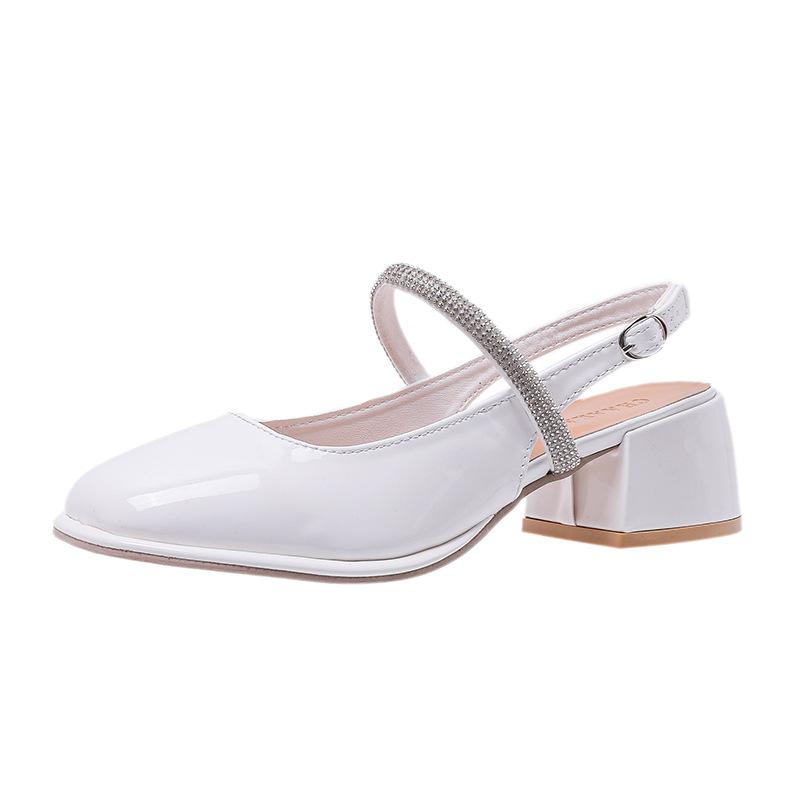 Size Large Size Women's Shoes Feet Wide Fat Baotou Thick Heel Sandals Women's Head Rhinestones Mary Jane Button High Heels