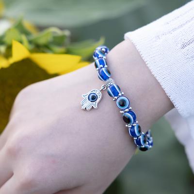 Klassisches blaues Armband mit bösen Augen, Palmen-Schmetterlings-Anhänger, elastische Seilkette, Harzperlen, Armband für Frauen, Schmuckgeschenk