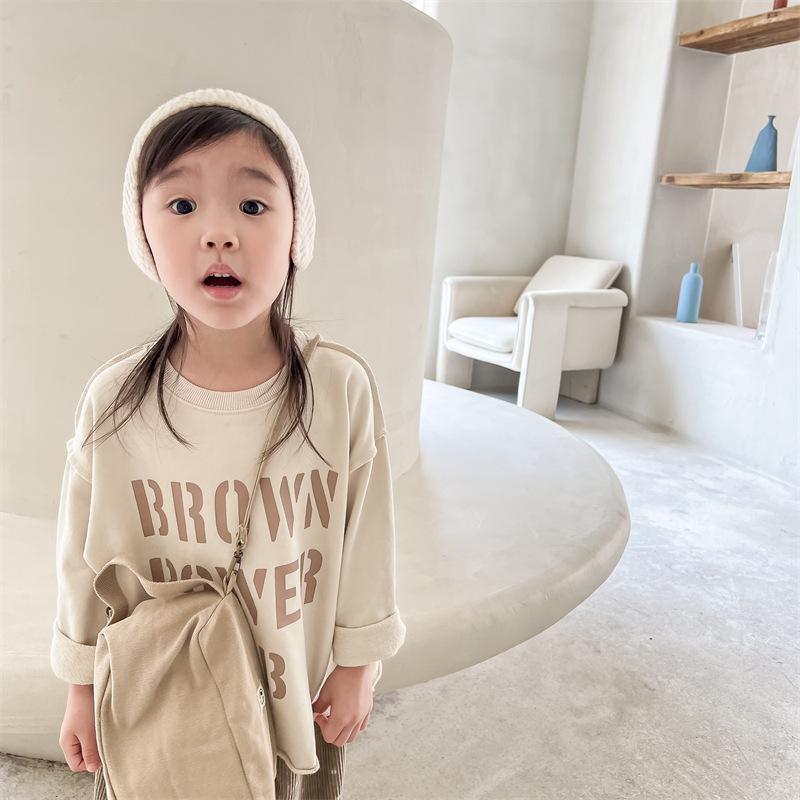 Autumn Korean Style Solid Color Letter Print Kids Long Sleeve Pullover Sweatshirt