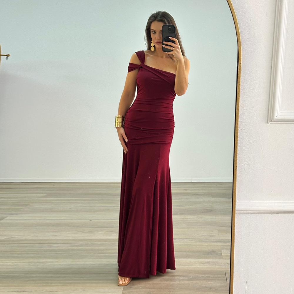 Women's Summer New European and American Women's Clothing Sexy Dress Slanted Shoulder Pleated Side Split Texture Dress