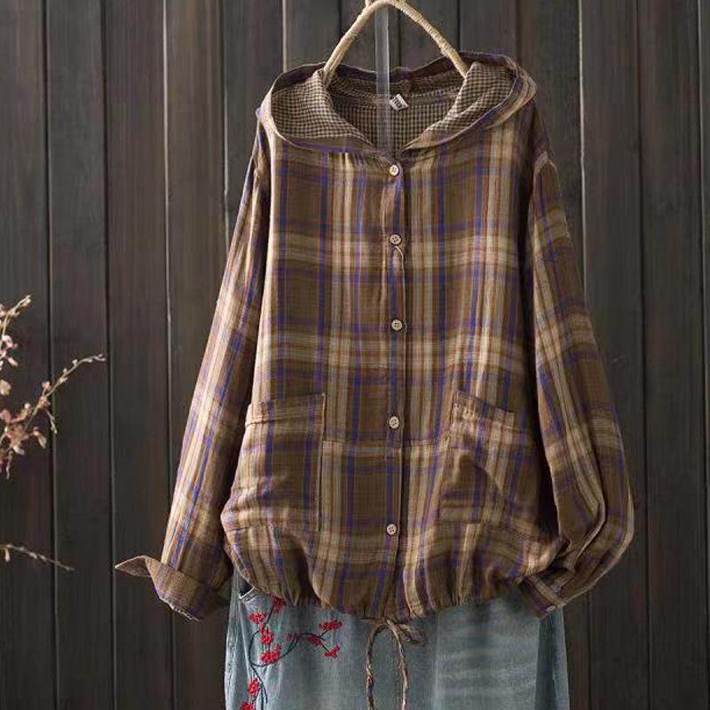 Camicette di grandi dimensioni per le donne Autunno Primavera Con cappuccio Manica lunga Monopetto Camicie a quadri Oversize Top Felpe con cappuccio da donna