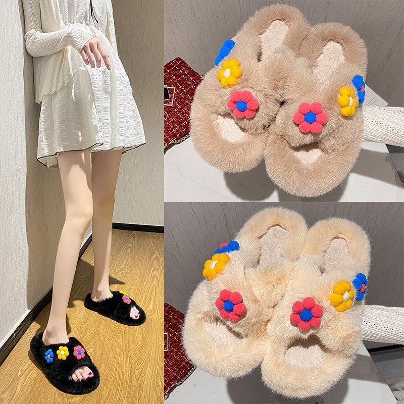 Autumn Outdoor Fashionable Furry Slippers: Trendy Flat Sole, Single Strap, and Fluffy Cotton for Home or Casual Wear.