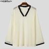 Autumn Spring Men's V Neck Stitching Long Sleeve Hollow Loose Pullover Tops