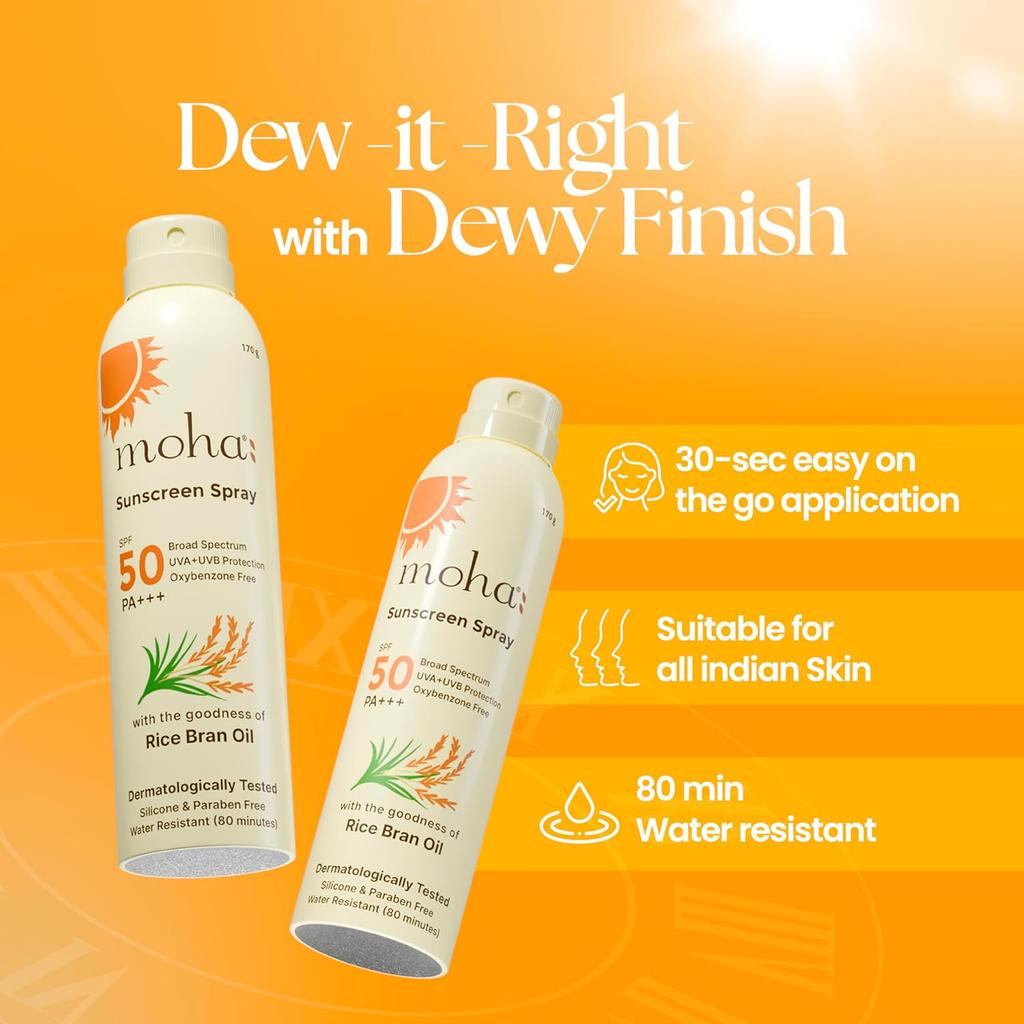 Moha Sunscreen Spray SPF 50 PA++++ 170g Pack of 1 | Lightweight, Non-Sticky, Water & Sweat Resistant, Broad Spectrum UVA/UVB Protection