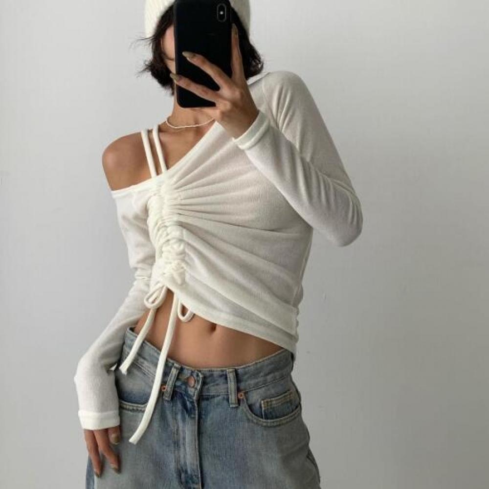 New Arrivals Open Run Women Off Shoulder SpliT STrap Shirring Crop Long Sleeve T