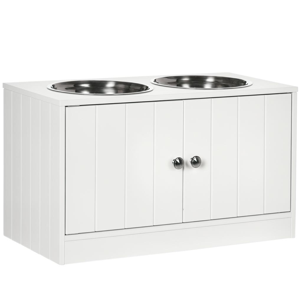 Raised Pet Feeder, with Two Bowls, Storage - White