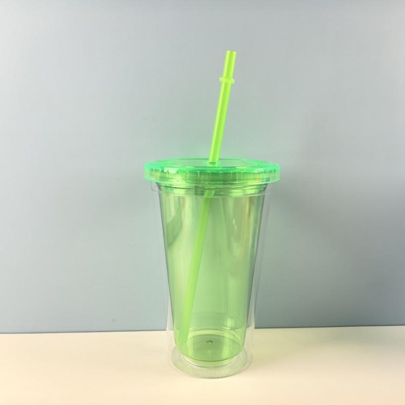 1PC 450ml Plastic Straw Cup Double Layer Transparent Drinking Cup Reusable Cold Cup Plastic Straw Tumbler with Straw and Lid