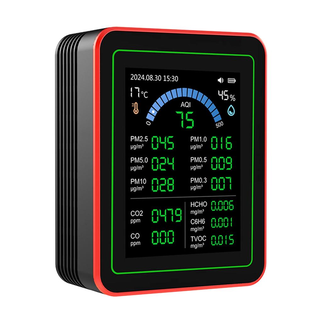 Air Quality Meter 18 In 1 CO2 TVOC HCHO PM2.5 PM10 Temp Humid Detect Tester Indoor Battery Powered Data Storage Black