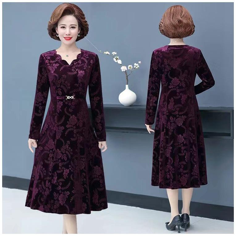 Women's Autumn Long-Sleeved Elegant Dress Mid-Waist V-Neck A-Line Skirt