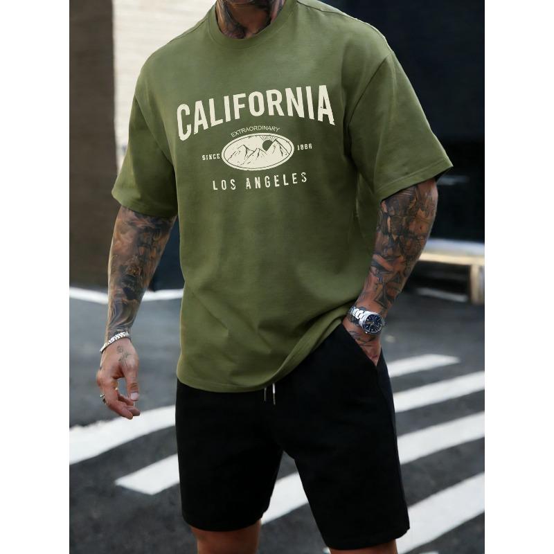 Men's 100% Cotton Summer Loose Fit Large Los Angeles Graphic Printed Slim Fit Casual Sports Round Neck Short Sleeved T-shirt Top