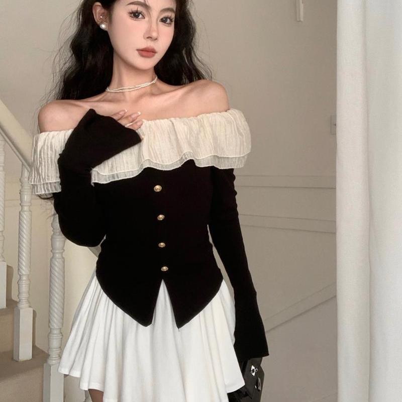 2KWEIRD Y2k Sexy T Shirt Women French Style Elegant Fashion Off Shoulder Crop Top Female Flare Sleeve Slash Neck Ruffle Slim Tees