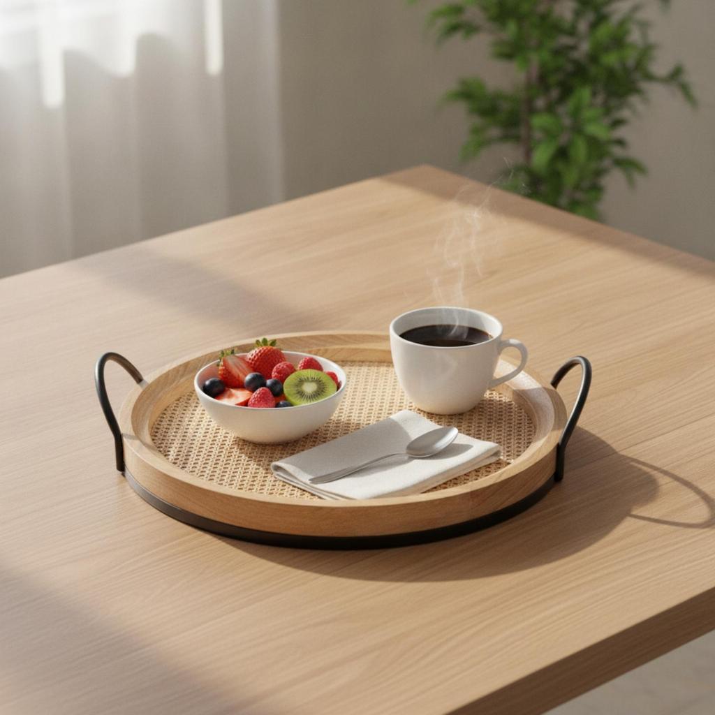 Serving Tray with Woven Inset Elegant Round Handles