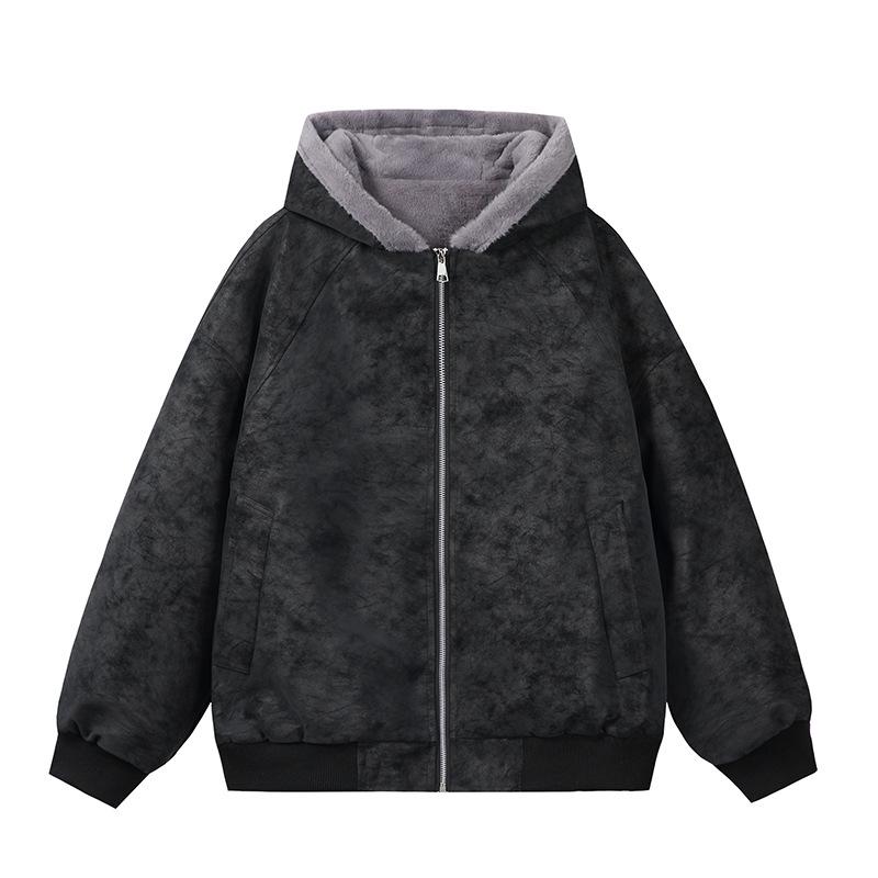 Zuo Shan Diao Winter Leather Jacket with Fur Collar - Couple Style, Plush Velvet, Thickened Cotton, Lychee Pattern