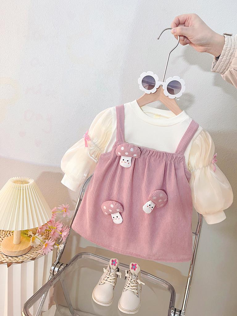Spring Baby Girl Princess Dress Cute Mushroom Cartoon Round Neck Camisole Spliced Fake Two Piece Stylish Party Outfit