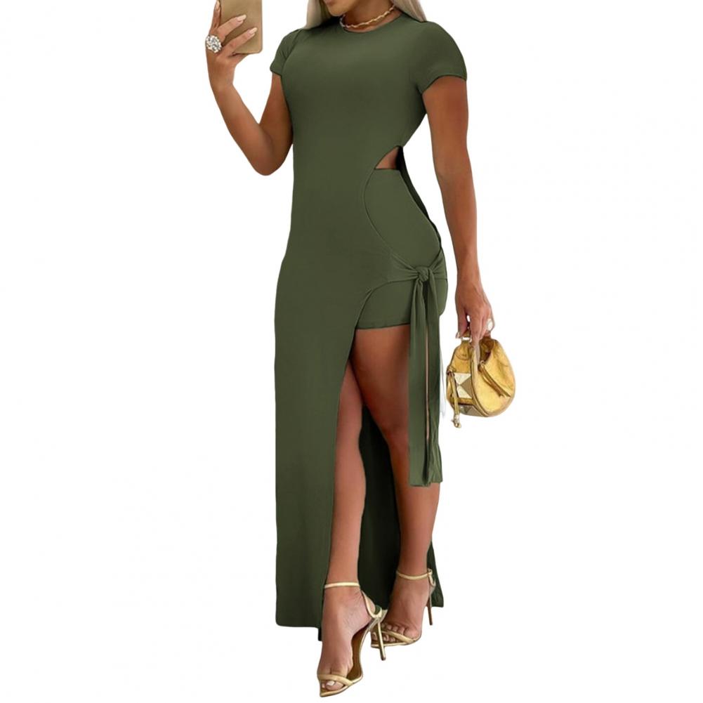 

Женское сексуальное платье макси, комплект с коротким рукавом, круглым вырезом, боковым разрезом, облегающее платье с коротким летним костюмом для вечеринок, повседневных клубов XXL армия зеленый