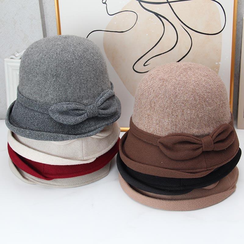 French bow knitted bucket hat women's autumn and winter retro basin hat short-brimmed top hat elegant and versatile small hat