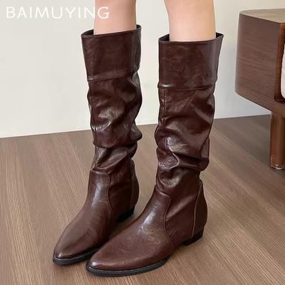 Pointed Toe Women High Boots Leather Knee High Flats Designer Shoes 2025 Trend Winter Classic Gladiator Motorcycle Botas Mujer