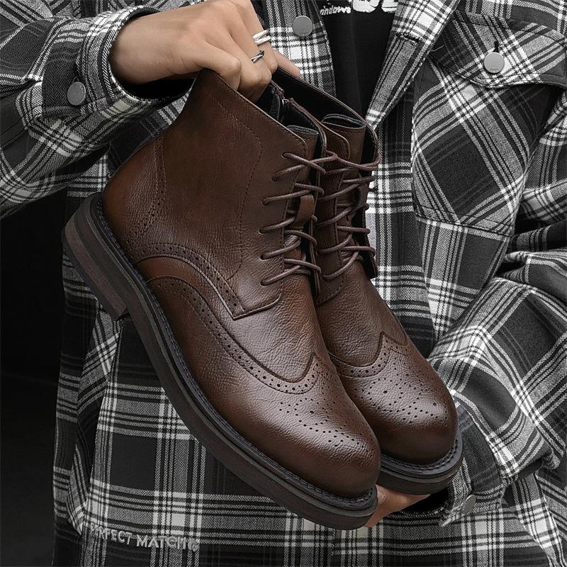 plus size men casual business office original leather boots carved brogue shoes black brown cowboy boot platform ankle botas man