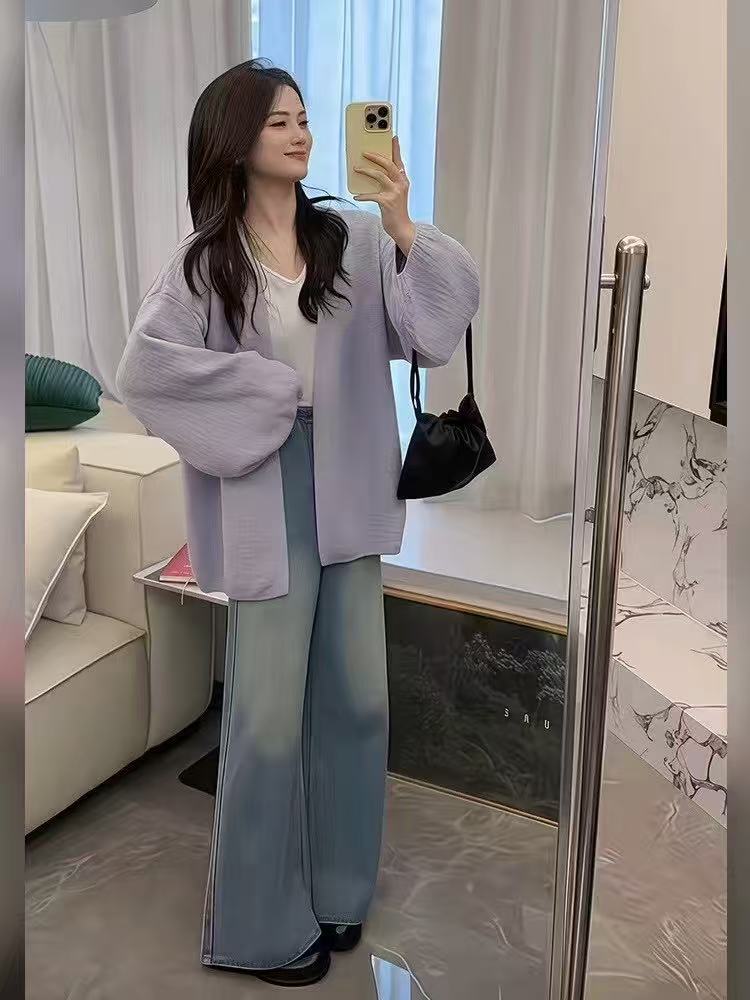 Bark pattern bubble sleeve knitted cardigan for women's autumn and winter new lazy meat-covering and thin sweater versatile jacket for women