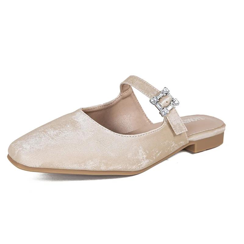 

Модные мюли с квадратным носком, слипоны, удобные, женские, с бриллиантовой пряжкой, для улицы, модные, элегантные, из блестящей ткани, повседневные женские балетки 36