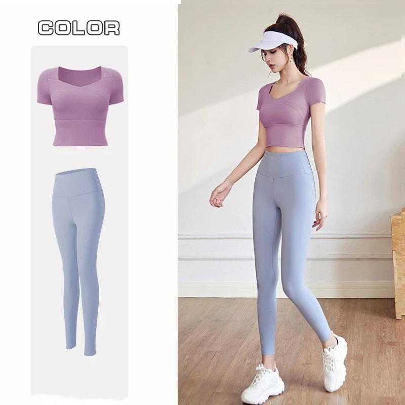 New Summer Sports Suit for Women Tight Quick Drying Short Sleeve Top with Underwire Support Full Length Yoga Pants Fitness Training Sets Famale
