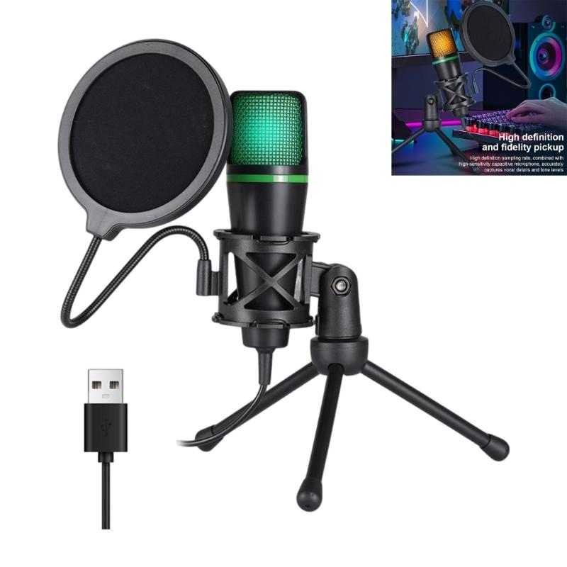 Portable USB RGBs Computer Microphones with Gains Control and Shock Absorption for Travel Bloggers Gamers and Streamers