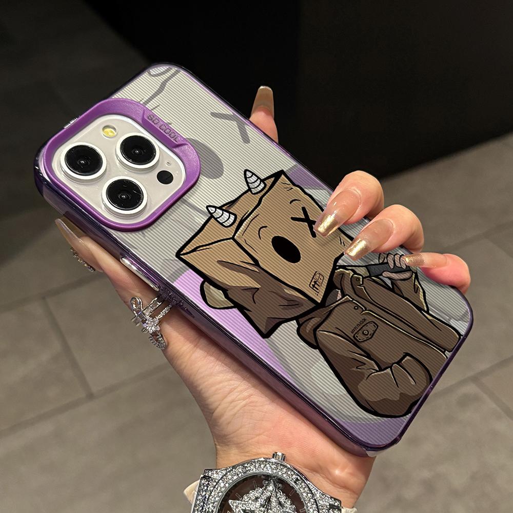 Cartoon Box Man Phone Case for iPhone 17 Air 16 16e 15 14 Plus 13 12 11 Pro Max X Xs XR 8 Colorful Silver Hard Cover