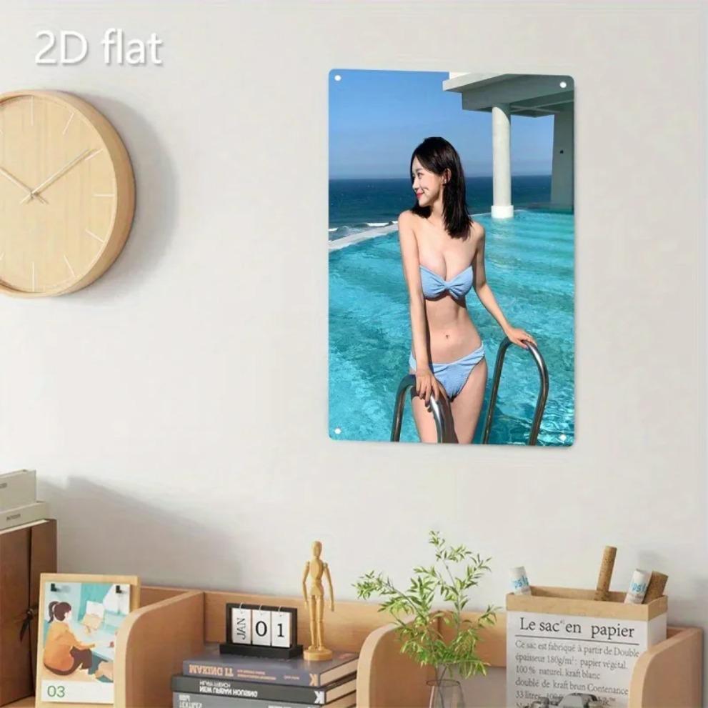 Wall Poster Metal Art - Korean Beauty Model & Bikini Poolside Wall Decor for Home Bar Cafe