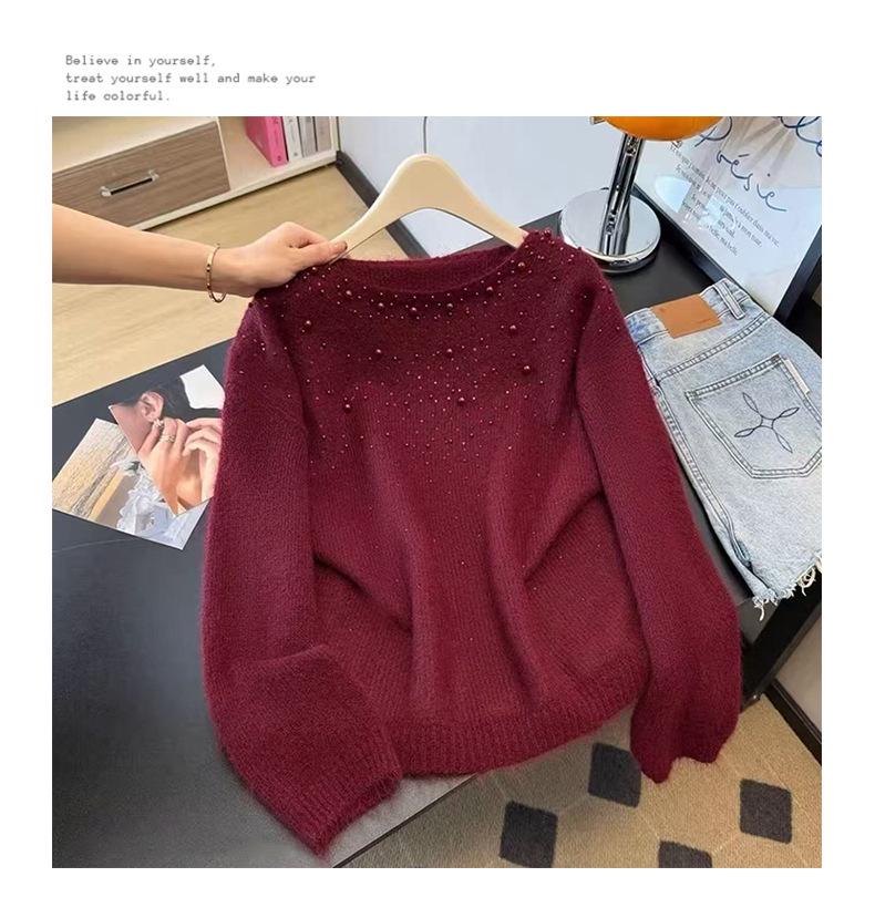 Korean High-End Beaded Knit Pullover for Women - Autumn/Winter Slimming Loose Sweater