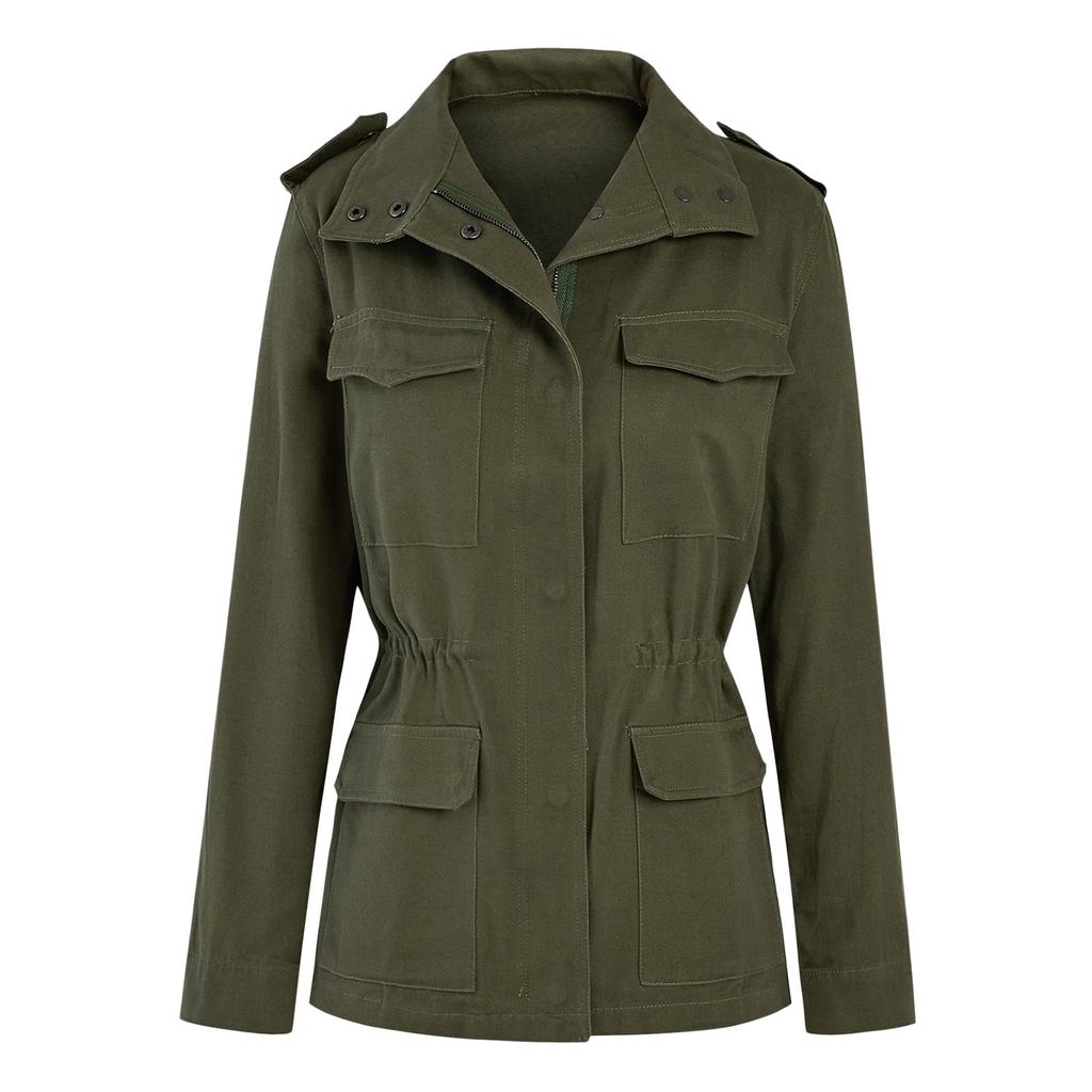 Autumn Women Waist Tunic Coats Retro Multi-Pocketed Jacket Turn-Down Collar Button Solid Color Outwear Coats