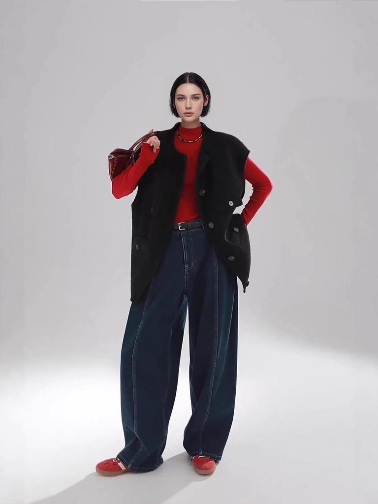 Women's Retro High-Waisted Wide-Leg Jeans - Blue Denim, Floor-Length, Slimming, Versatile, Spring/Autumn Trendy