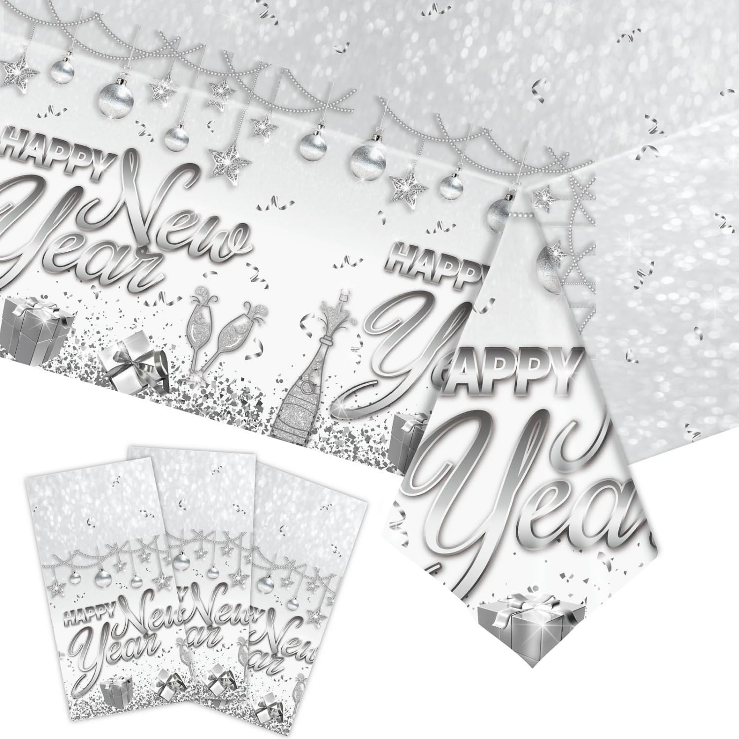 3 Pieces Happy New Year Decorations Tablecloths New Years Eve Party Table Covers Disposable Plastic Tablecovers for 2026 New Years Eve Party