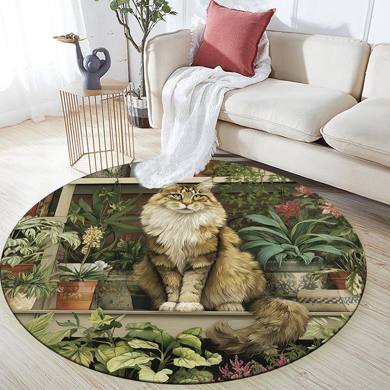 Plant Cat,Round Area Rug,Carpet Rug for Living Room Bedroom Sofa Playroom Decor,Non-slip Floor Mat