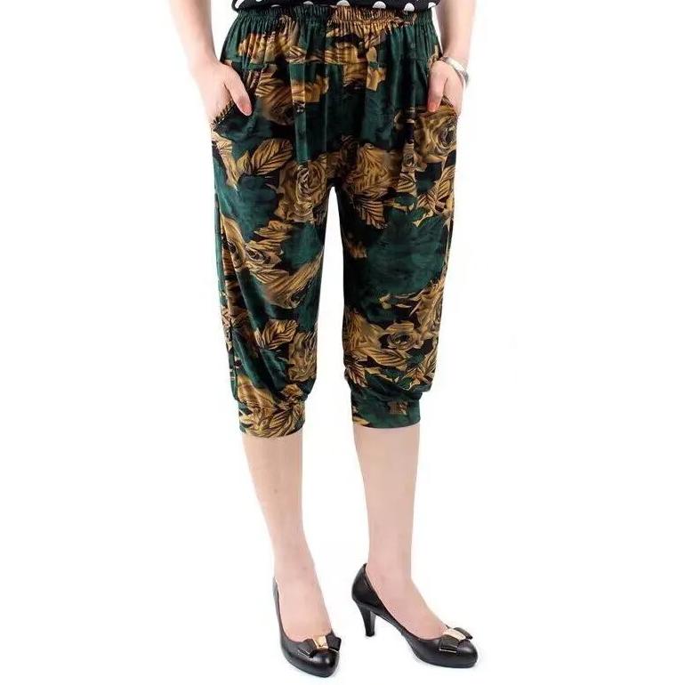 

WTEMPO Mother s Loose Cropped Pants Mid-length Elastic High Waist Thin Printed Women s Spring Summer Ice Silk Wide Leg Pants One Size
