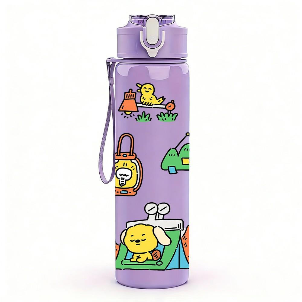 1PC Tool Kit Cute Doodle Print 750ml Color Plastic Sports Water Bottle Leakproof Flip Straw Lid Suitable for Sports Office Home Use