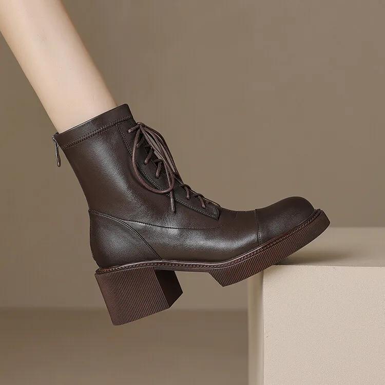 

Fashion 2025 Autumn Winter Split Leather Women Boots Round Toe Lace Up Short Boots for Women Chunky Heels Boots Zapatos Mujer High Heels 34
