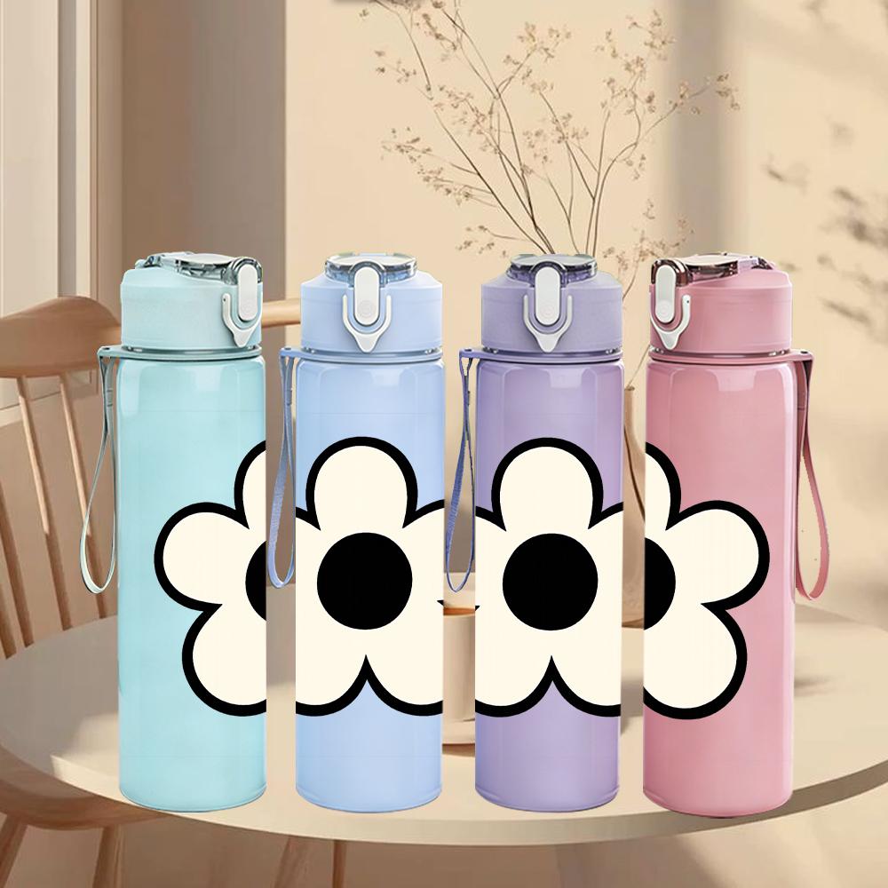 1PC Simple Five Petal White Flower 750ml Color Plastic Sports Water Bottle Leakproof Flip Straw Lid For Sports Office Home Use