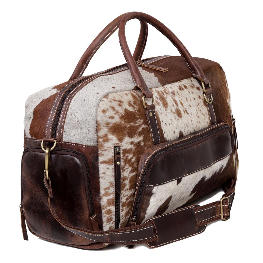 Handmade Cowhide & Hair-On Leather Duffle Bag: 22" Weekender Holdall