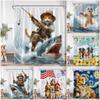 Tenda da Doccia Animali Divertenti Gatto che Cavalca Squalo Cane Corgi Cartone Animato Bambini Tenda da Bagno per Bambini Poliestere Decorazione da Bagno con Ganci