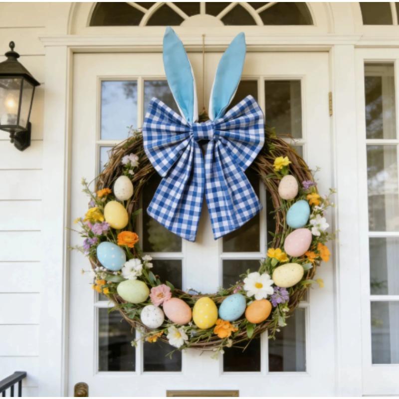40cm Easter Bunny Ears Wreath Bow Rustic Buffalo Plaid Easter Bows for Wreaths Spring Holiday Fabric Decorative Bow for Tree Topper