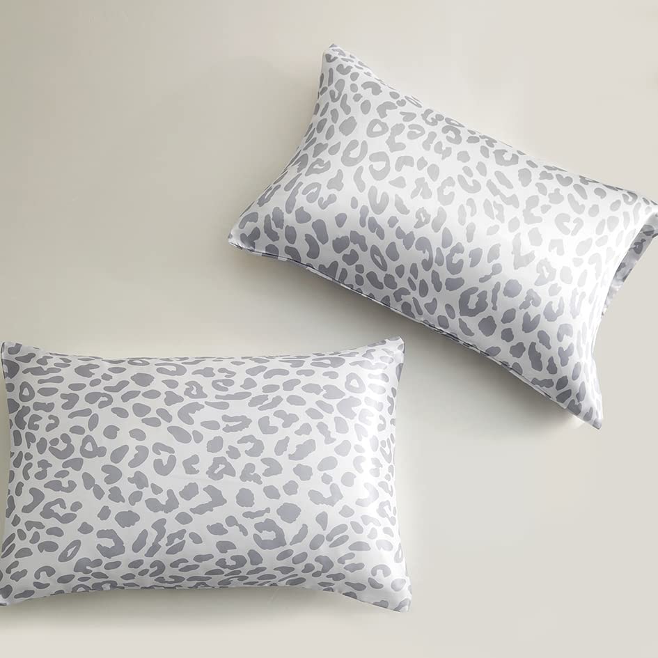 Satin Pillowcase for Hair & Skin, Grey Leopard Printed Pillow Cases Set of 2, Silk Satin Pillow Covers with Envelope Closure