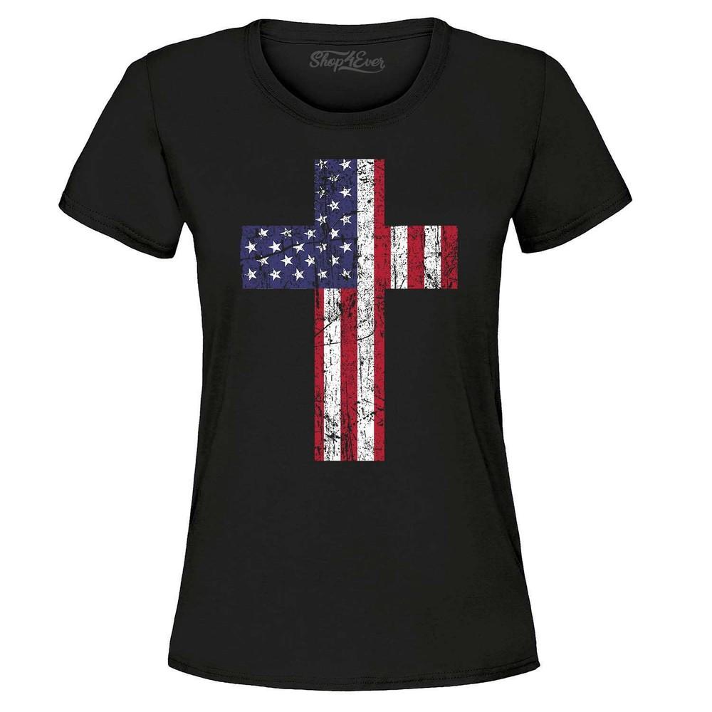 Distressed American Flag Cross Women's T-Shirt 4th of July Shirts