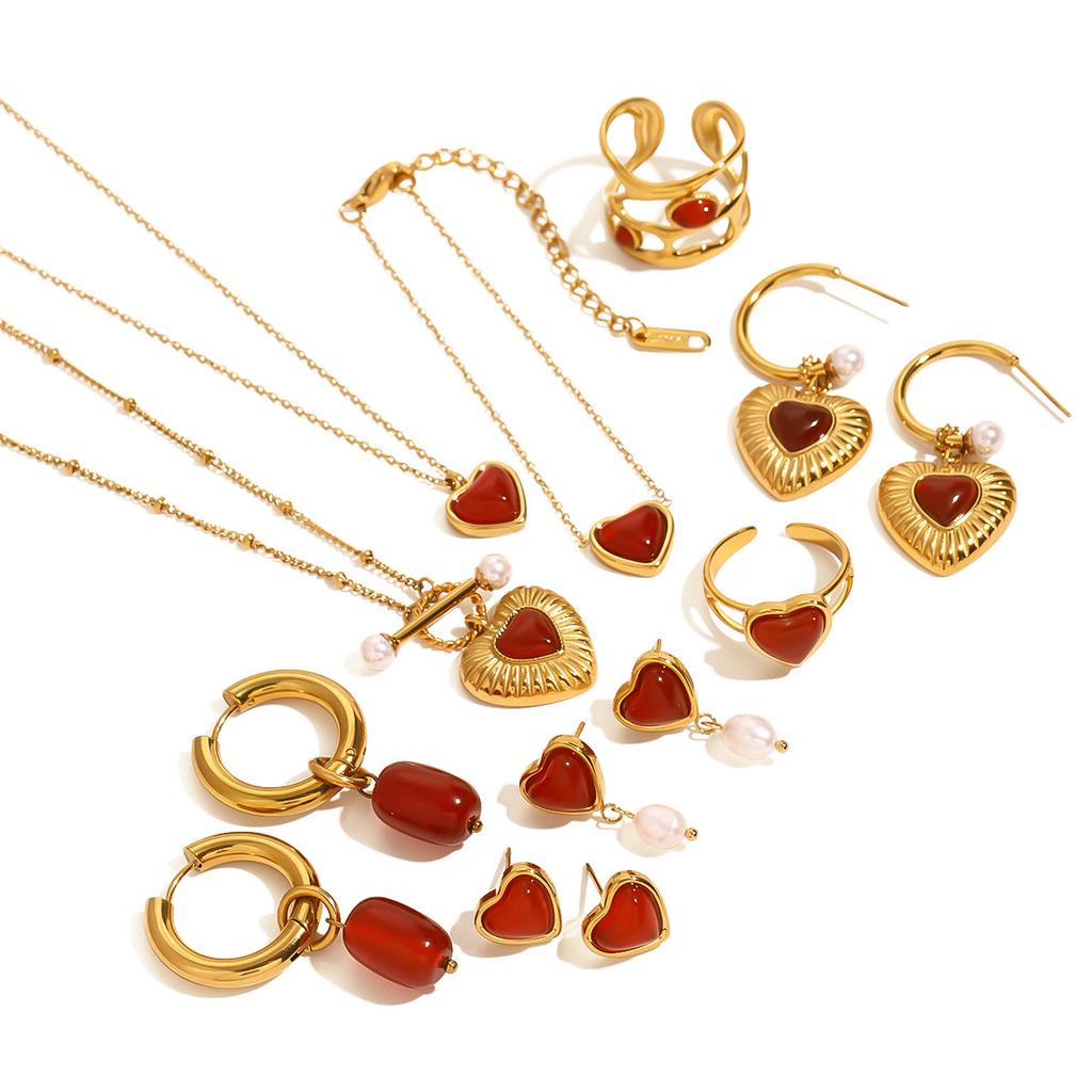 Stainless Steel Red Agate Heart-shaped Necklace, High-end Pendant Earrings, Exclusive Ring