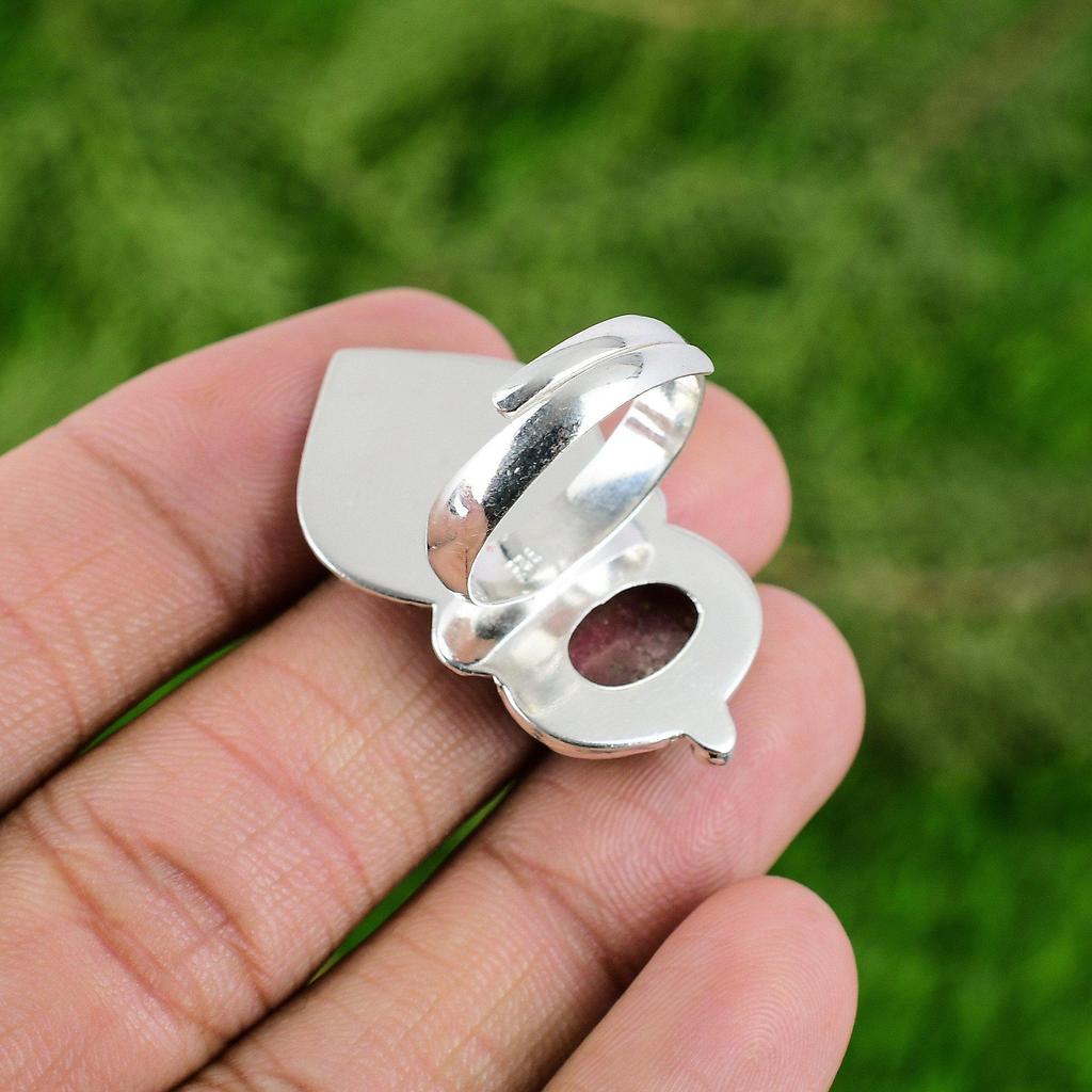 Gift For Women Solitaire Bird Adjustable Ring 925 Silver Natural Rhodonite