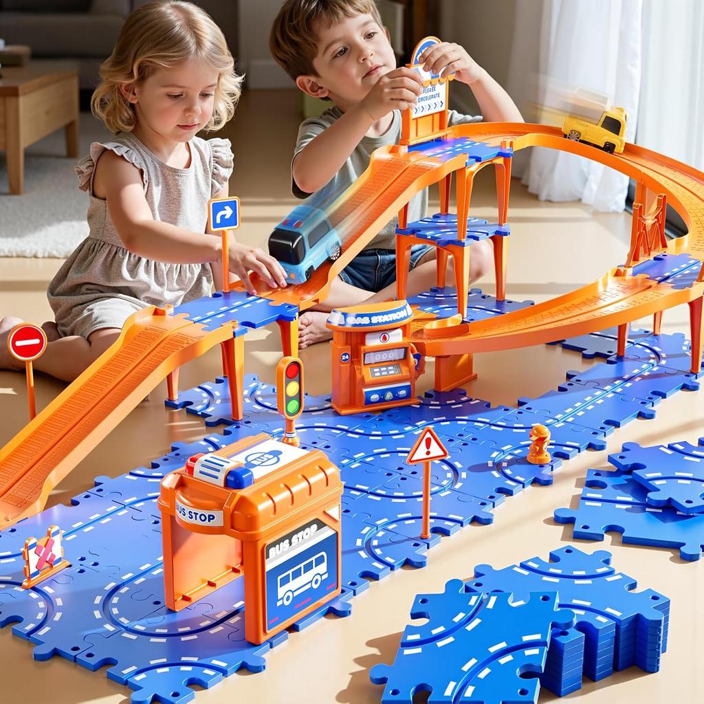 Puzzle Race Car Track Set for Kids 3-5, Floor Puzzle Track Car Set, Toddler Toys for 3 4 5 6 Years Old Boys