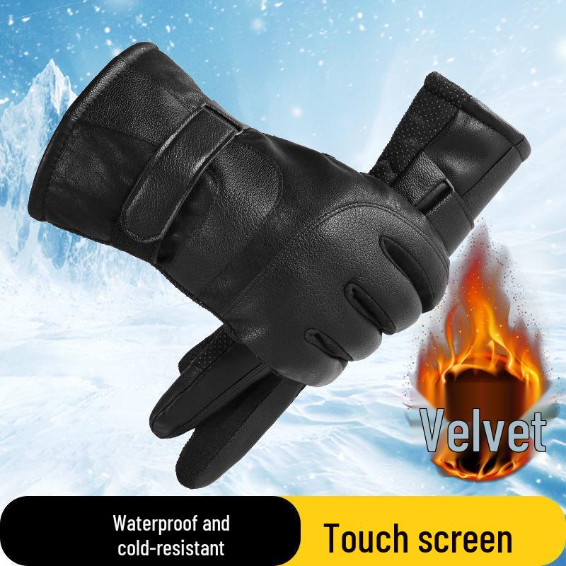 Men's Winter Leather Gloves: Windproof, Waterproof, Fleece-Lined, Touchscreen-Compatible Cycling & Motorcycle Gloves.