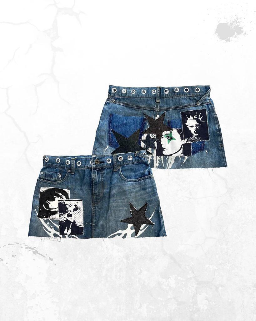 2026 Punk Streetwear Star Print Denim Collage Skirt