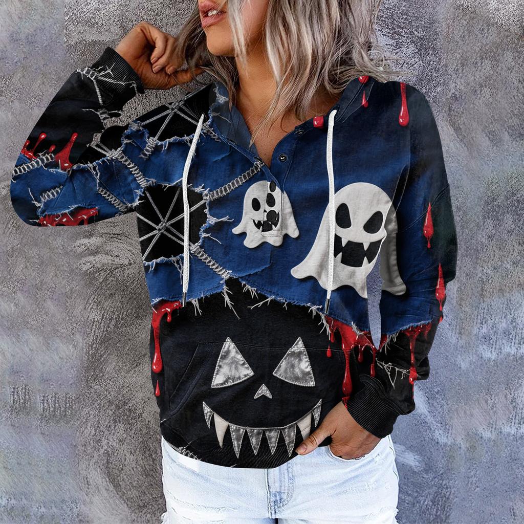 Women's Casual Round Neck Long Sleeved Top With Shattered Halloween Print Hooded Sweatshirt